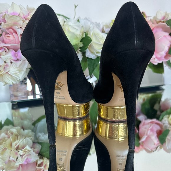 Charlotte Olympia Dolly Black Suede Heel With Gold Platform - Picture 6 of 8